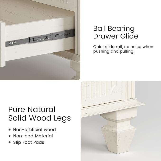 25.6'' Wide Bedside Table with 3 Drawers & Pull-out Tray, Smart Night Stand with Outlet & Charger Station, Large Nightstand with 3-color LED Lights, Farmhouse Solid Wood Leg for Bedroom, Antique White - Image 7