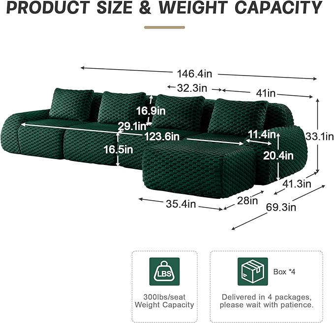 146" L-Shaped Compressed Sectional Cloud Sofa, Flannel Upholstered Modular Deep Seat Sofa with 5 Pieces, Modern Floor Boneless Foam Modular Cloud Couches for Living Room
