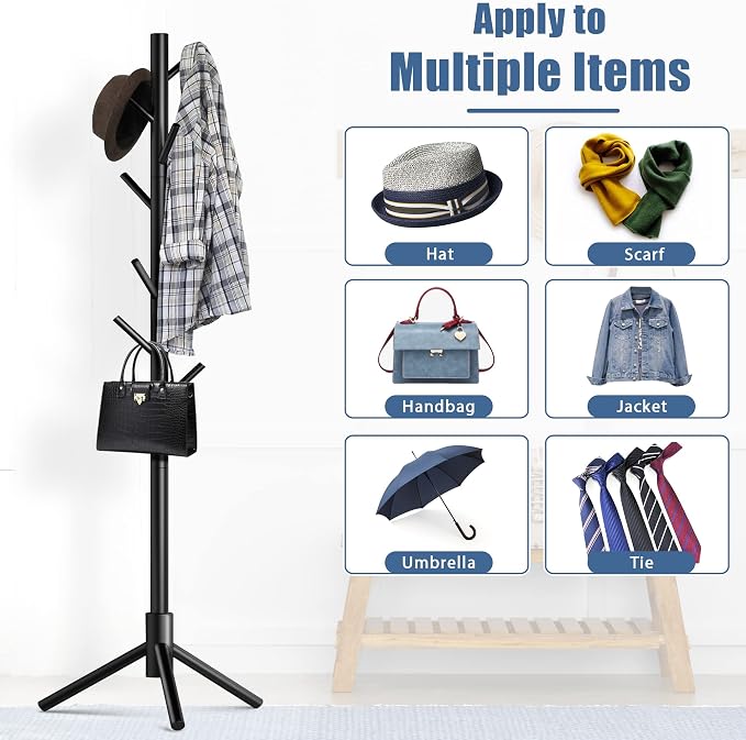 Haddockway Wooden Coat Rack Stand with 8 Hooks New Zealand Pine 3 Adjustable Coat Standing Tree Easy Assembly for Coats, Hats, Scarves and Handbags for Entryway, Hallway, Bedroom, Office,2 PCS - Image 6