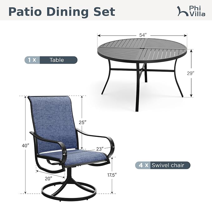 PHI VILLA 7 Piece Outdoor Patio Dining Set with 6 Swivel Dining Chairs & 1 Large Round Dining Table, Blue Textilene Mesh Fabric Chair and 54" Metal Table for All Weather - Image 9