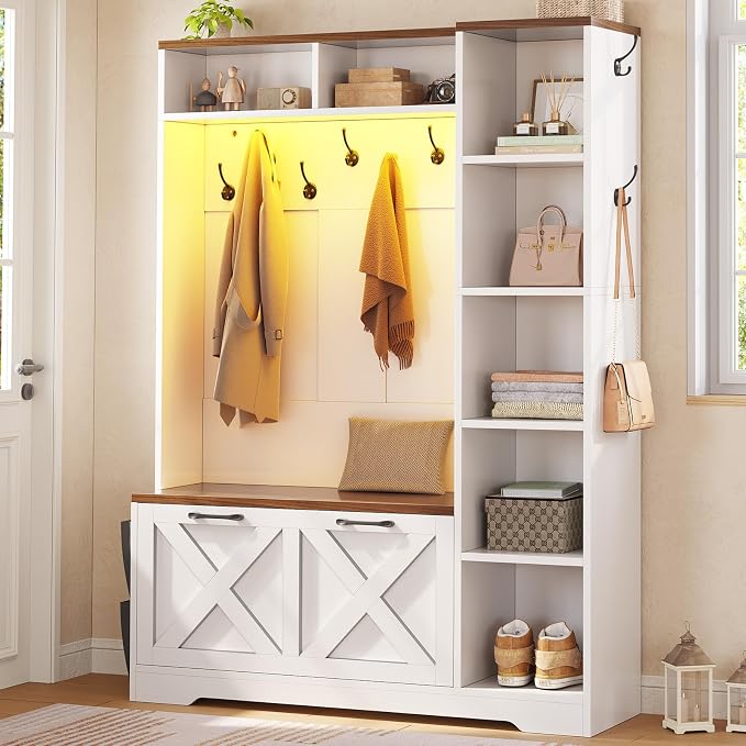 Itaar Hall Tree with Bench and Shoe Storage, Farmhouse Entryway Bench with Coat Rack, Shoe Cabinet with Flip Drawers, 7 Shelves, 10 Coat Hooks, Storage Bag, Led Lights, White - Image 9