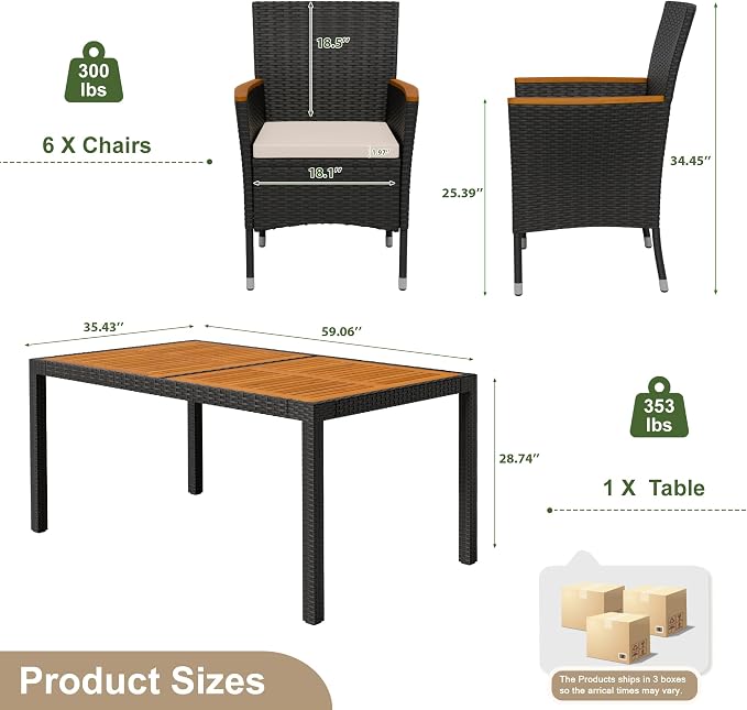 Devoko Dining 7 PCS Furniture, Patio Conversation Set with Acacia Wood Table Top, Outdoor, Beige Cushion and Black Rattan - Image 9