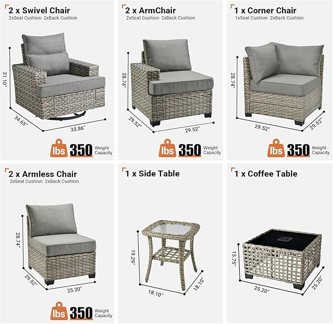 ovios 9 Piece Patio Sectional Furniture with Swivel Rocking Chairs, Rattan Wicker Coversation Set with Glowing Coffee Table, Outdoor Sofa Set for Outside Porch Balcony Backyard Pool,Dark Grey