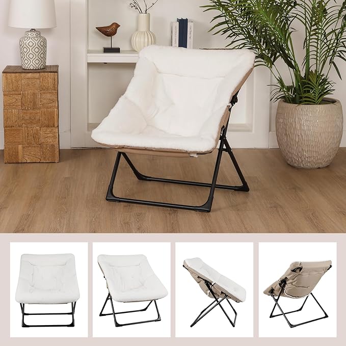 Comfy Saucer Chair for Adults, Set of 2, Soft Faux Fur Bedroom Chair, Accent Dorm Chairs, Flexible Living Room Reading Chairs, Oversized Folding Seat for Teens, X-Large, White