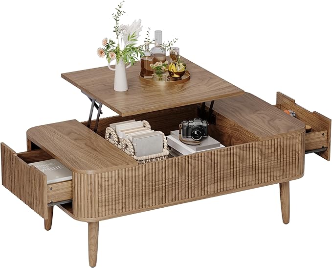 47.2” Modern Coffee Table Wooden Fluted Lift Top Coffee Table with Hidden Compartment, Mid Century Modern Rectangle Center Tables with Lifting Tabletop & 2 Storage Drawers for Home Living Room Walnut