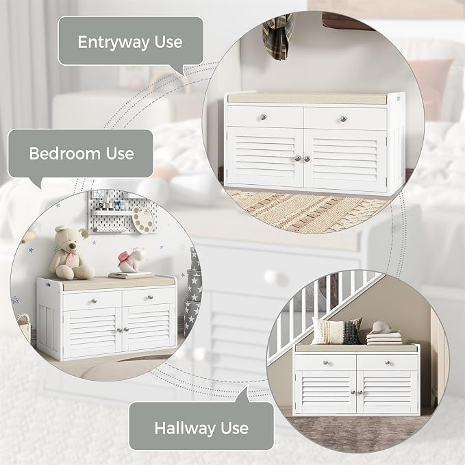 WARMHONIU Shoe Storage Bench with 2 Drawers, Entryway Bench with Cushion, Adjustable Shelves, Shoe Rack Bench with Louvered Doors for Entryway, Bedroom, Hallway, White - Image 7