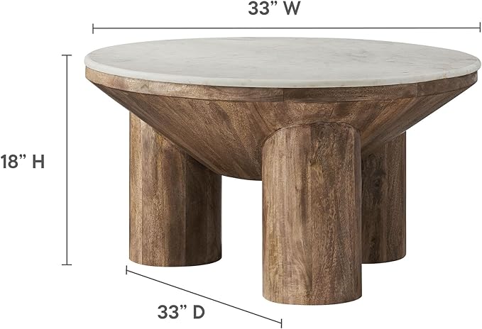 Modway Ellison 33 Inch Round Mango Wood Coffee Table in Walnut with Marble Top – Modern Drum Coffee Table for Living Room – Round Marble Center Table with Solid Wood Base