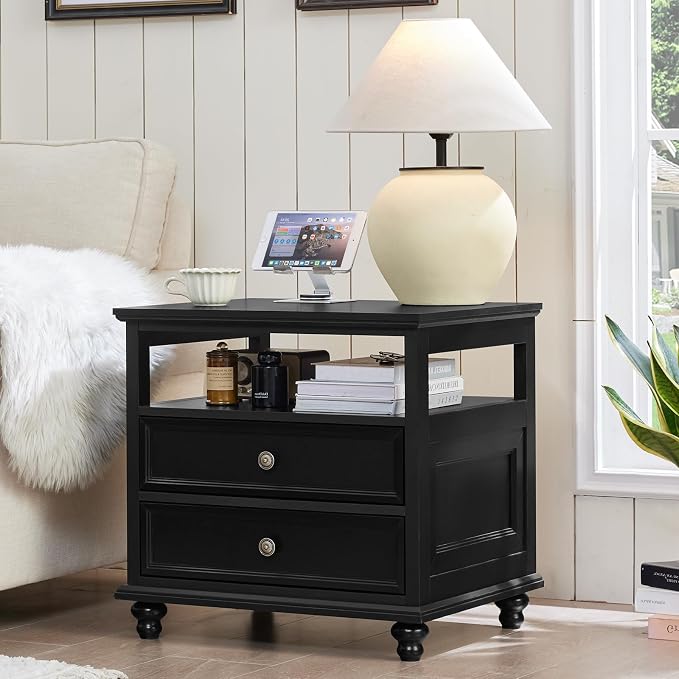 Joaxswe Farmhouse Nightstand with Charging Station, 24" Wide End Table with 2 Drawers, Black Dresser for Bedroom, Bed Side Table Chest of Drawers Cabinet,Wood Night Stand for Living Room, Closet - Image 7