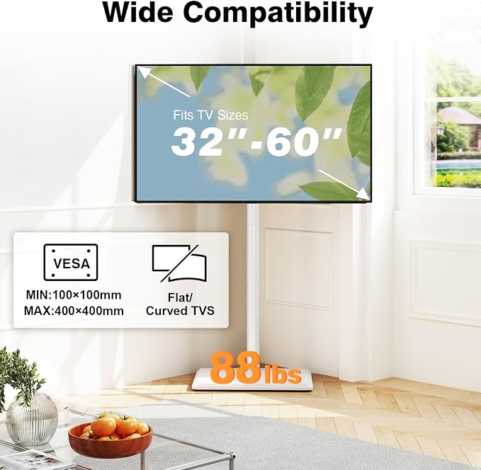 TVON Floor TV Stand with Mount for Most 32-60 Inch TVs up to 88lbs, Height Adjustable TV Floor Stand with Wood Base for Space Saving, Tall Floor TV Stand for Bedroom, Corner & Living Room, White - Image 7