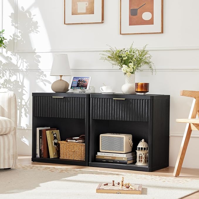 LEYAOYAO Fluted Nightstand with Charging Station, 23" Wide 1 Drawers End Table,Black Night Stand with Open Storage Cabinet, Farmhouse Bed Side Tables, Wood Dresser for Bedroom, Living Room, Closet - Image 9