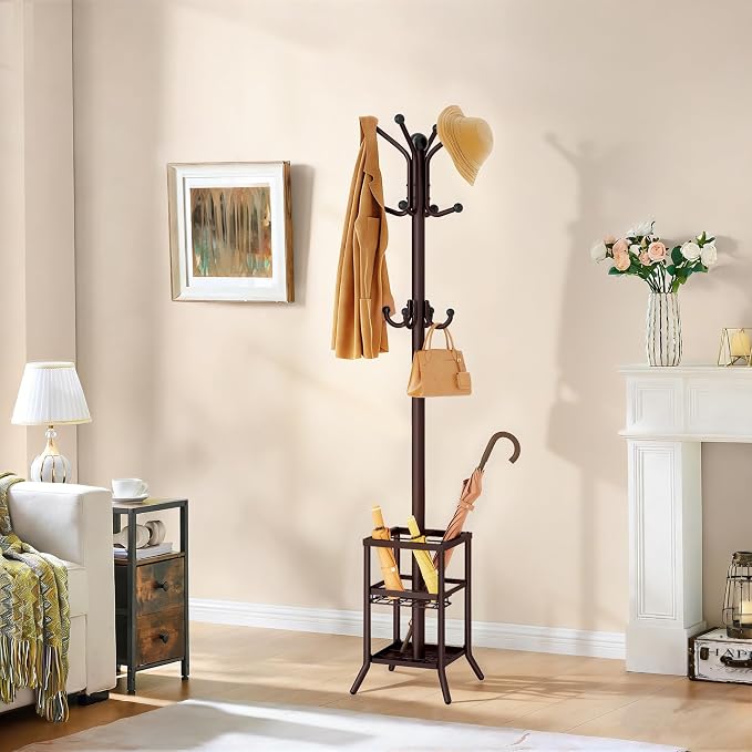 FAVOOSTY Coat Rack Freestanding,Coat Rack Stand with Umbrella Holder,Metal Coat Tree with 12 Hooks,Tree Clothes Hat for Entryway, Hallway, Bedroom, Living Room & Office -Brown - Image 9