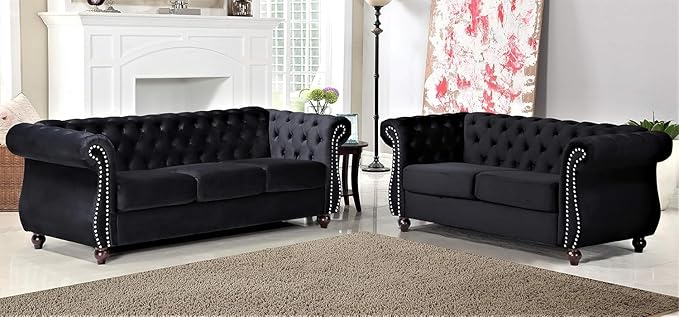 Feinstein Modern Velvet Chesterfield Couches for Living Room with Nailheads, Diamond Tufting & Durable Metal Frame, Loveseat, Black