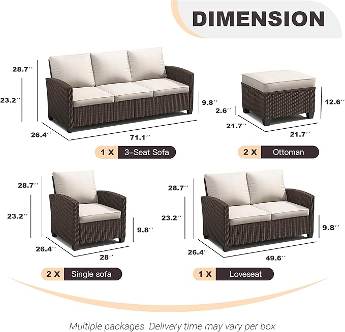 VICLLAX Patio Furniture Set 6 Pieces Wicker Outdoor Conversation Set, 3-Seat Sofa with 2-Seat Lover Couch, 2 Single Chairs and 2 Ottomans for Garden, Poolside, Backyard, Beige Cushion