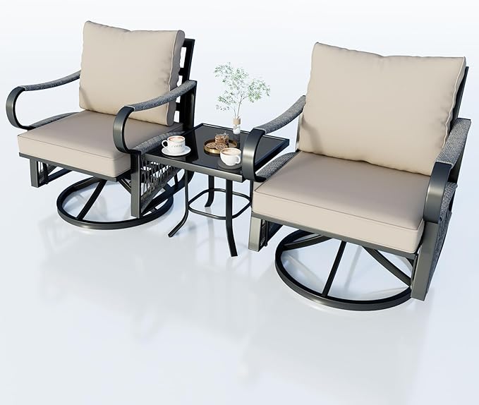 Patio Conversation Sets, 3 Pieces Outdoor Bistro Sets with 360° Swivel Gliders & Side Table, Waterproof Rocking Chairs Furniture Set for Porch Balcony Backyard, Beige