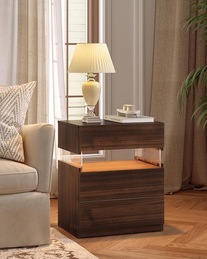 Bingoday LED Nightstand Wood LED Bedside Tables LED Night Stand with 3 Drawers End Side Tables for Bedroom Living Room - Image 8