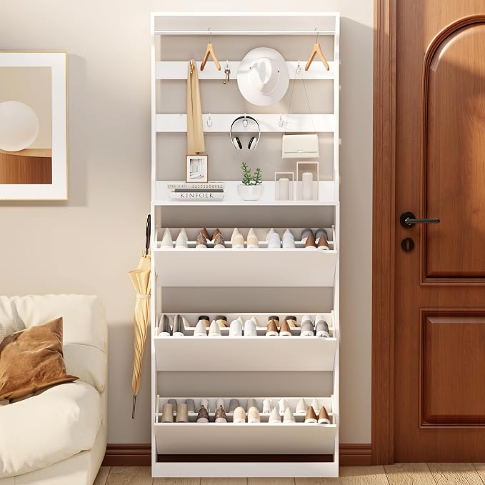 Shoe Cabinet for Entryway with 3 Flip Drawers, White Tall Wood Shoe Storage Cabinet with Coat Rack, Narrow Hidden Slim Freestanding Shoe Rack Organizer, 2 in 1 Hall Tree for Living Room, Hallway - Image 9