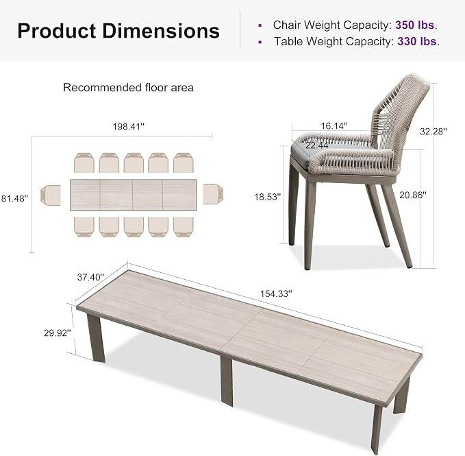 PURPLE LEAF 13 Pieces Patio Dining Set Aluminum Rectangular Table and Wicker Chairs with Cushions for Kitchen Porch Garden Modern Outdoor Furniture Sets, Light Grey - Image 9