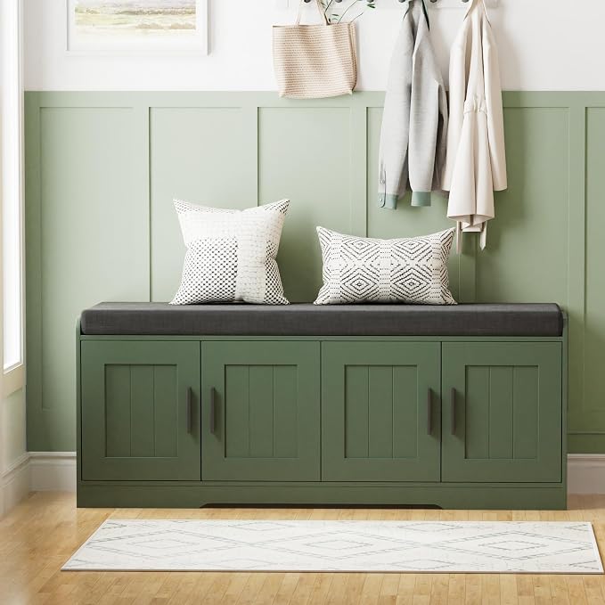 Homleke 2-Tier Storage Bench, Shoe Bench with Thickened Padded Seat Cushion, Entryway Bench with 4 Doors, Adjustable Shelf, 13.8" D x 45.3" W x 18.5" H, for Entryway, Living Room, Bedroom, Green - Image 9