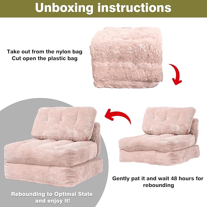 Art3d Folding Sofa Bed, Convertible Sleeper Sofa Bed with Pilow & Back Support, 3 in 1 Long Futon Boneless Couch, Comfy Floor Couch for Living Room, Bedroom, Light Pink