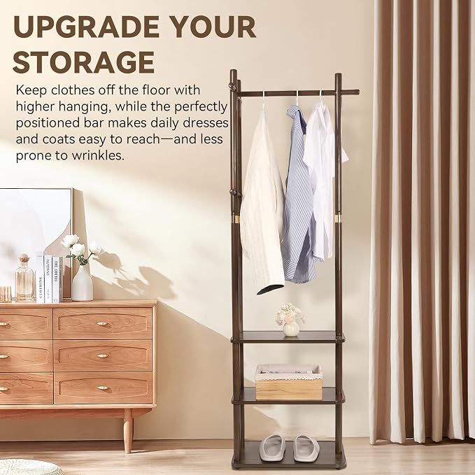 Wood Coat Rack Freestanding Clothing Rack with 3 Storage Shelves and 5 Hooks Coat Tree Heavy-Duty Garment Rack for Corner Entryways Living Rooms and Bedrooms, Walnut - Image 7