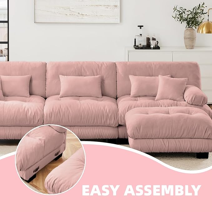 173.2" U-Shaped Cloud Couch, Oversized Modular Sectional Sofa, Deep Seat Cloud Boneless Couch, 4-Seat Modular Sectional Sofa with 2 Ottoman or Living Room,Bedroom and Apartment, Pink