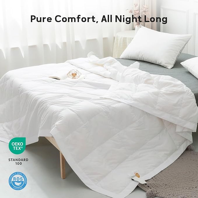 Globon Lightweight Goose Down Comforter Queen Size, Summer Blanket for Hot Sleepers, Soft Noiseless Shell, Breathable Duvet Insert 96x88 inch White