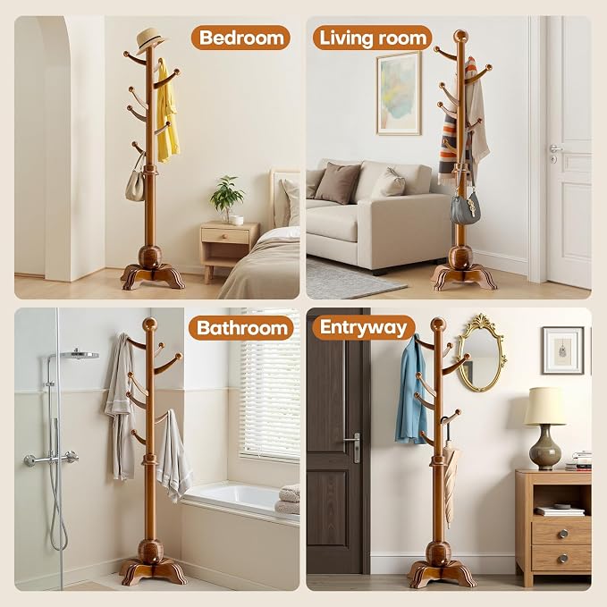 Hall Tree, Freestanding Wood Tree Rack with 7 Hooks, Coat Rack with Stable Sphere Base, Wooden Coat Rack Stand, Load 210 lb, Coat Hanger Stand for Entryway, Hallway, Bedroom (Natural) - Image 7