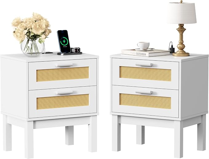 Rattan Nightstand Set of 2 with Charging Station,Boho Bedside Tables with 2 Drawer Cabinet,Natural Wood Bed Side End Tables,Multi-functional storage cabinet suitable for living room, bedroom, hallway - Image 8