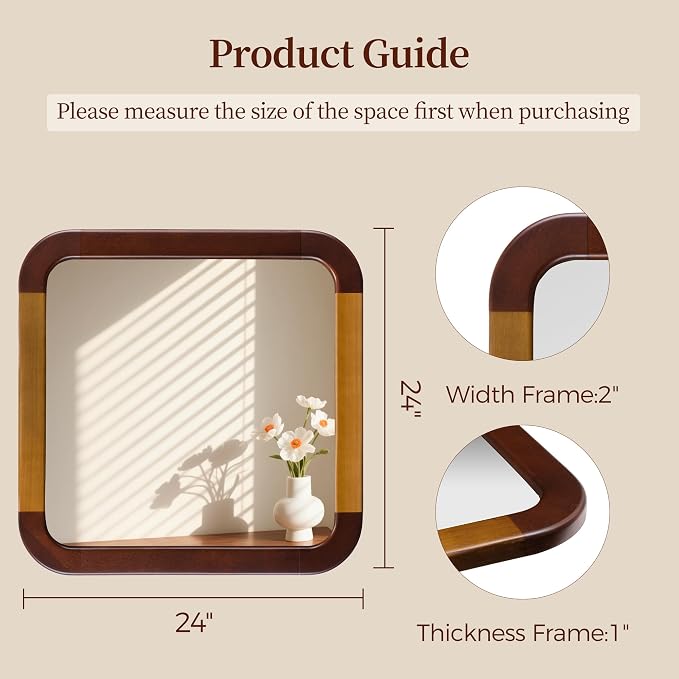 Bathroom Mirror 24 x 24 Inch,Brown Wood Rustic Rectangle Tempered Wall Mirror with Wood Frame,Round Corner Farmhouse Wooden Vanity Mirror for Living Room,Entryway or Bedroom(Walnut Brown) - Image 8