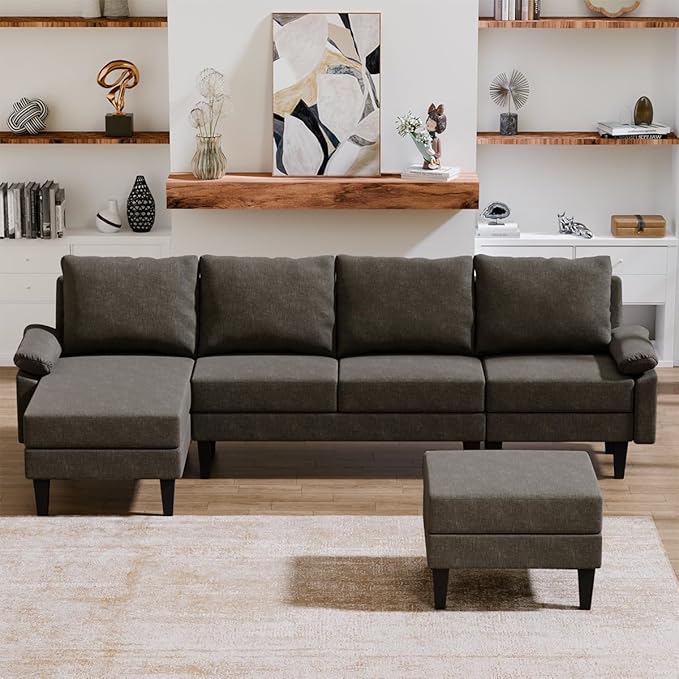 115 Inch Modular Sectional Sofa with Storage Ottoman, Modern L-Shaped Sectional Couch with Chaise, Chenille Couch for Living Room, Apartment or Small Spaces, Brown