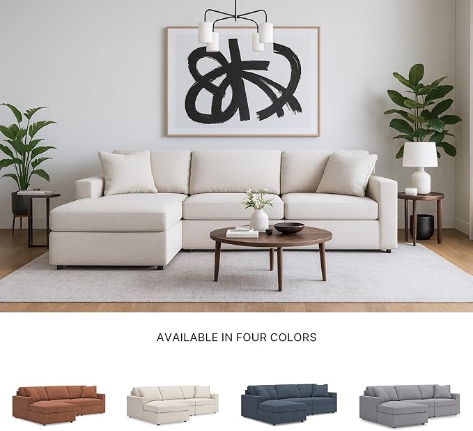 Signature Design by Ashley Modmax Coastal L-Shaped Modular Stain Resistant 3-Piece Sectional with Chaise, Reversible Cushions and 2 Accent Pillows, Beige