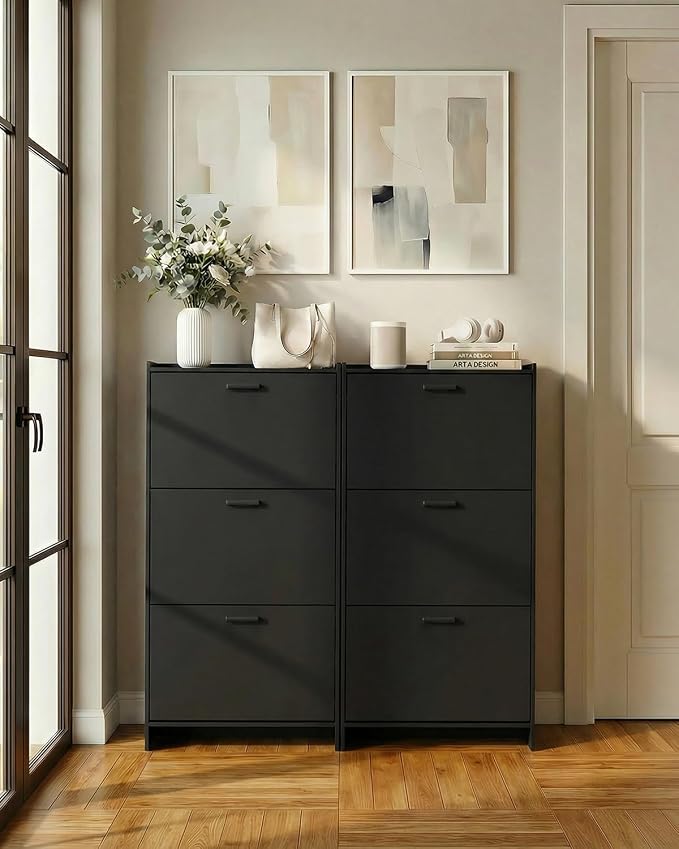 Shoe Cabinet with 2 or 3 Flip Drawers, Narrow Shoe Storage Cabinet, Hidden Shoe Organizer for Entryway, Space Saving Shoe Rack for Hallway, Living Room (Black, 3 Drawers with Handle) - Image 9