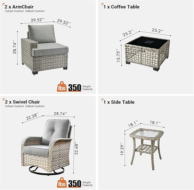 ovios 6 Piece Patio Sectional Furniture with Swivel Rocking Chairs, Rattan Wicker Coversation Set with Glowing Coffee Table, Outdoor Sofa Set for Outside Porch Balcony Backyard Pool, Dark Grey