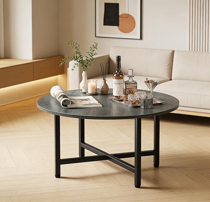 Coffee Table, 23.6" Coffee Tables for Living Room, Round Coffee Table with Metal Frame, Floor Table for Sitting on The Floor, Home, Office, Elegant Gray