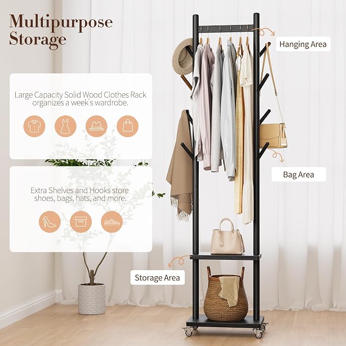 Yoobure Solid Wood Coat Rack Freestanding - Rolling Clothes Rack with 8 Hooks & Shelves, Small Clothing Rack with Wheels, Heavy Duty Clothing Racks for Hanging Clothes, Portable Hall Tree for Entryway - Image 9