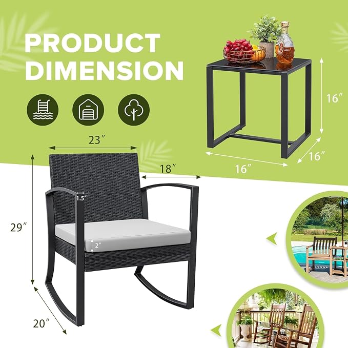 Homall Patio Furniture Set 3 Piece Resin Outdoor Bistro Set Rocking Patio Chairs with Cushions and Table for Porch, Poolside, Balcony and Yard (White) - Image 7