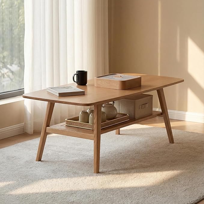 Mid Century Modern Coffee Table: 100% Solid Wood Coffee Table - 2-Tier Storage Design - Space Saving Small Coffee Tables for Living Room, Apartment (Natural, 31.49")