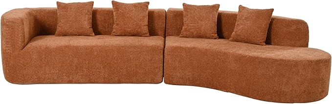 Merax Modern Minimalist Large 2-Piece Sectional Curved Chenille Sofa with 3 Pillows and High-Density Foam for Luxurious Comfort and Seamless, for Living Room, Bedroom, Orange