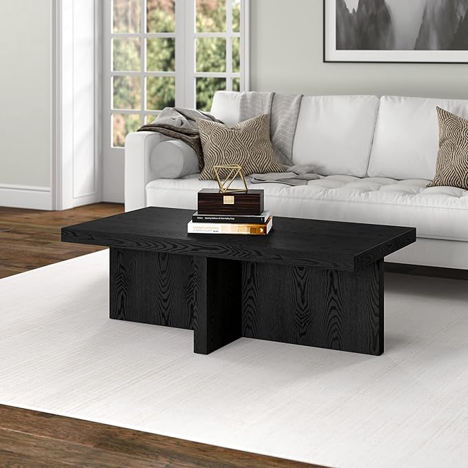 Henn&Hart 44" Rectangular Wood Pedestal Low-Profile Coffee Table for Living Room, Family Room, or Office, Natural Black