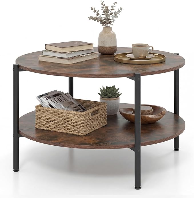 Giantex Round Coffee Table, 33.5" Small Center Table with Open Storage Shelf and Heavy-Duty Metal Frame, 2-Tier Wood Cocktail Accent Table, Living Room Tables for Small Spaces, Rustic Brown