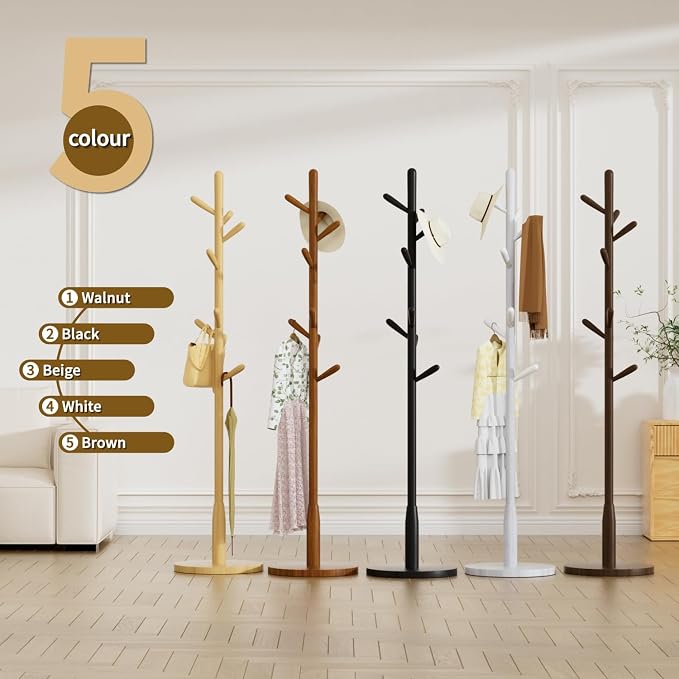 Solid Wood Round Base Coat Rack, Free Standing Hall Coat Tree with 8 Hooks(+2 spare for Coats, Hats, Bags, Purses, for Entryway, Hallway, Rubberwood Hooks,Base and Pole(Round Base,Black) - Image 7