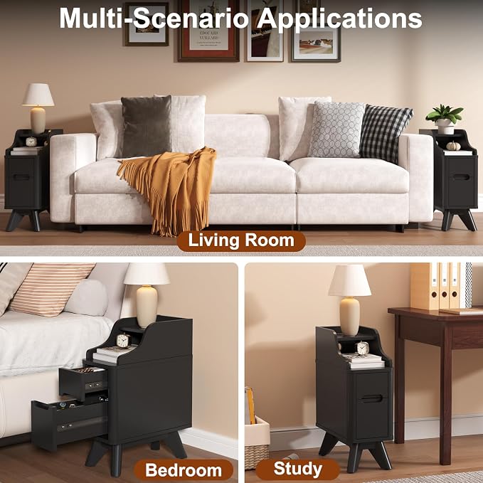 Narrow Side Table, Wooden Small 2 Drawer Nightstand with Charger Station, Thin Couch Side End Table, Skinny Bedside Table Small Spaces, Mid Century Modern Night Stand with Drawers, Black - Image 8