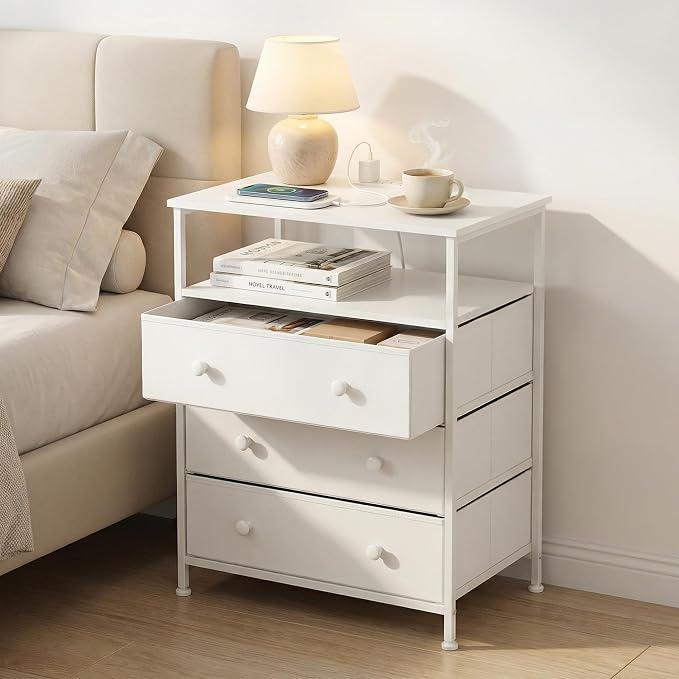 3 Drawers Dresser with Charging Station, 24 Inch Wide LED Night Stand with Adjustable Fabric Drawer, Nightstand with Storage Shelf for Living Room/Bedroom/Office, White. - Image 9