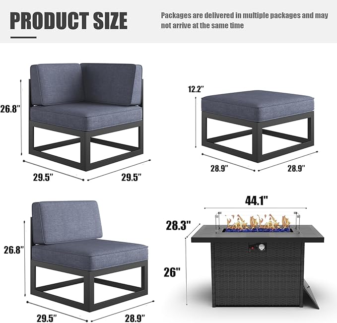 LayinSun Large Aluminum Patio Furniture Set with Fire Pit Table, 9 Pieces Modern Outdoor Conversation Set Sectional Metal Sofa Set with Olefin Cushion