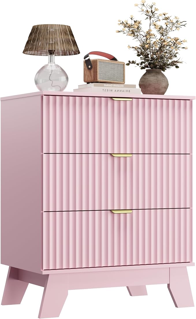 Wodeer Pink Night Stand with 3 Drawers, Bedside Table & End Table, 24" Wide Mid Century Modern Fluted Wood Nightstand with Metal Handles, Farmhouse Night Stands for Bedroom - Image 9
