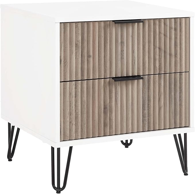 Manhattan Comfort Dumbo Fluted Nightstand with 2 Drawers, Gold Metal Legs and Metal Handles, Tool-Free Assembly Modern Bedside Accent Table with Storage for Bedroom, Living Room in White & Rustic Grey - Image 8