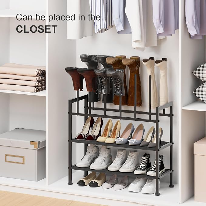DIMJ Free Standing Shoe Racks - 4-Tier Boot Rack, Black Metal Boot Storage Organizer Tall Boots, Tall Boot Organizer for Closet, Multiuse Shoe Rack for Boots, Sneakers,Fit for 6 Pairs Boots, Black - Image 7