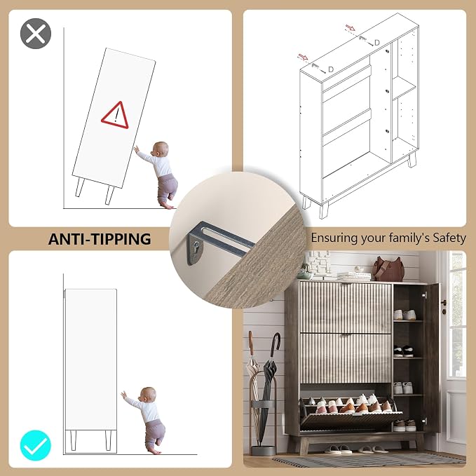 Shoe Cabinet Storage for Entryway with 3 Flip Drawers & Side Cabinet, Fluted Narrow Shoe Organizer with Wooden Leg, Freestanding Shoe Storage Hidden Shoe Rack Organizer for Front Door Entrance, Grey - Image 7