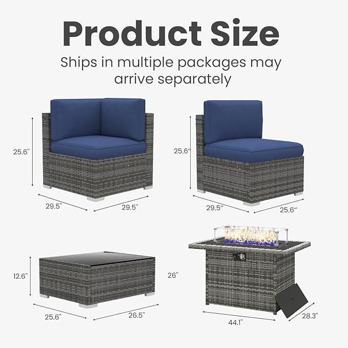 10 Pieces Patio Furniture Set with 44" Propane Gas Fire Pit Table, Outdoor Sectional Wicker Conversation Sofa Sets with Coffee Table