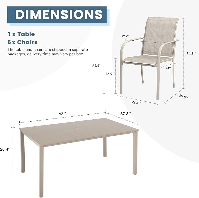 DIFY 7 Pieces Outdoor Patio Dining Set for 6, 63" Sandshell Rectangle Metal Dining Table and 6 Sandshell Stackable Sling Dining Chairs, Outdoor Table and Chairs for Lawn Garden Backyard Deck - Image 7